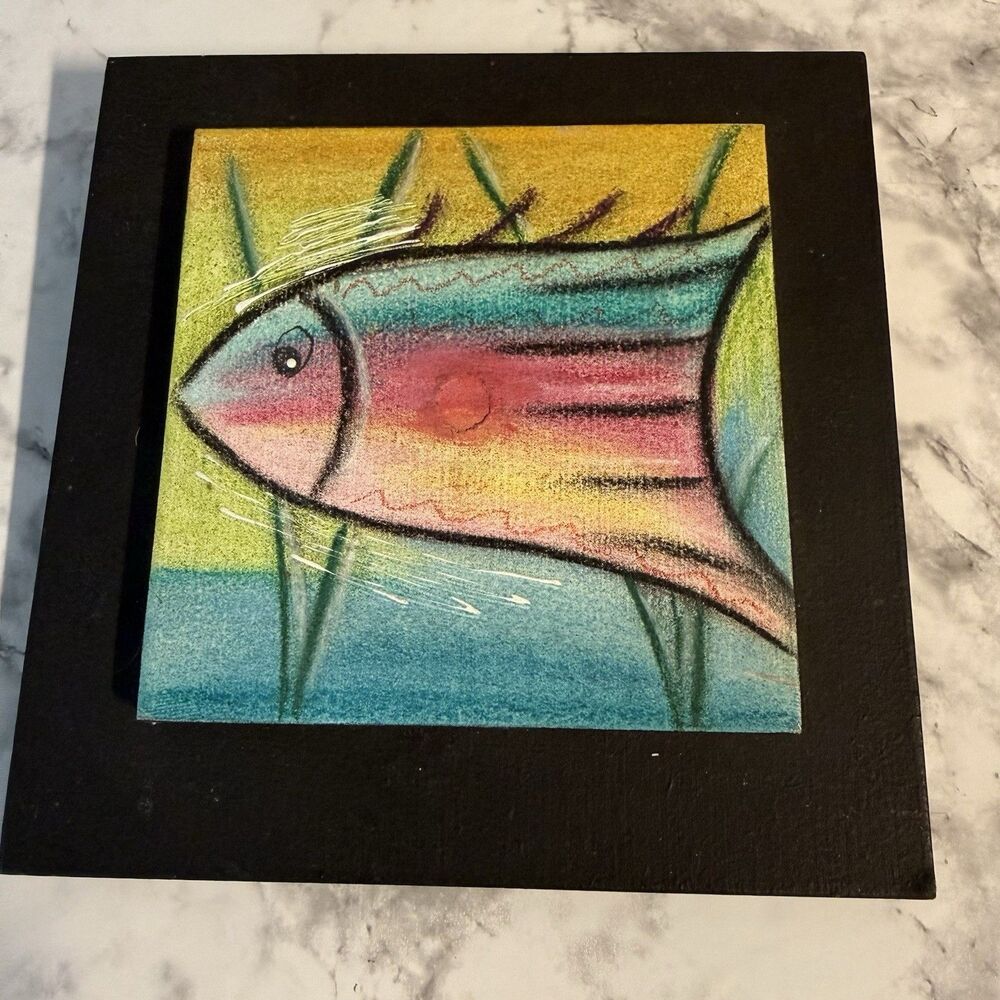 Signed Brik Hand Painted Plaque Art Tile Framed Fish Nautical Wall Decor Coastal